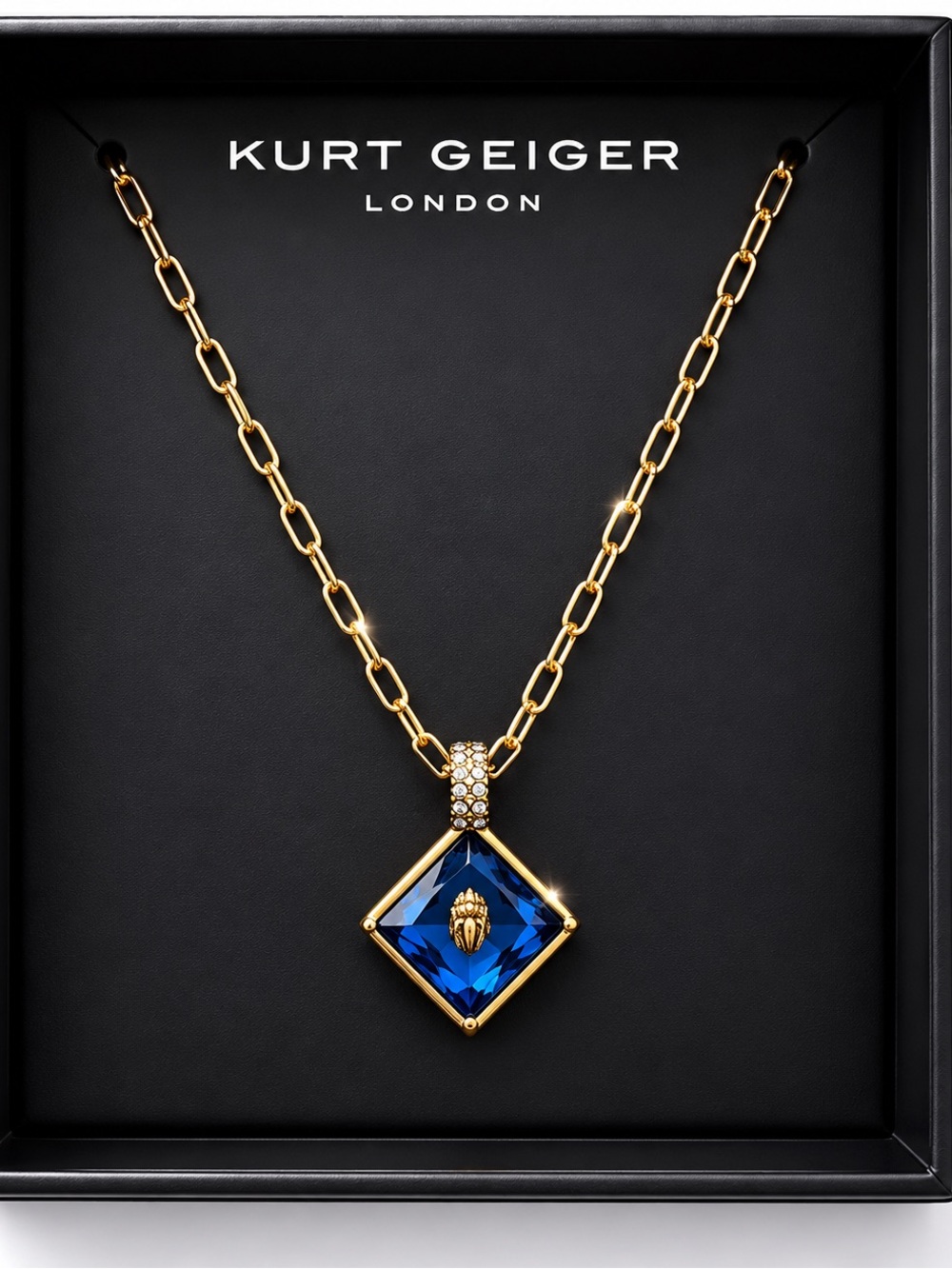 Kurt Geiger Gold Necklace with Blue Crystal Diamond Pendant